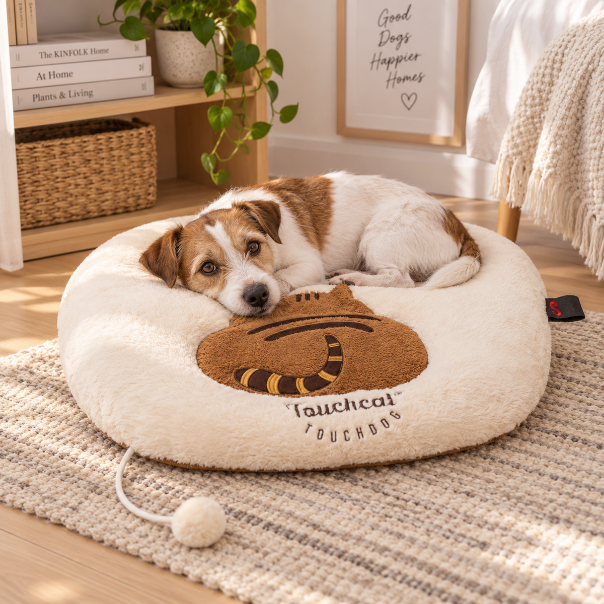 Plush Pet Bed with Raised Bolster & Attached Pom Toy, 23.62 x 19.68 x 4.1 in, Cream/Brown