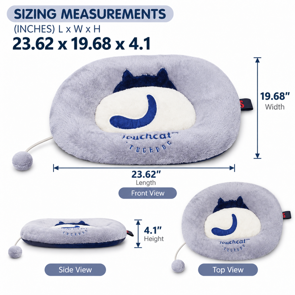 Plush Pet Bed with Raised Bolster & Attached Pom Toy, 23.62" x 19.68" x 4.1", Gray & Navy