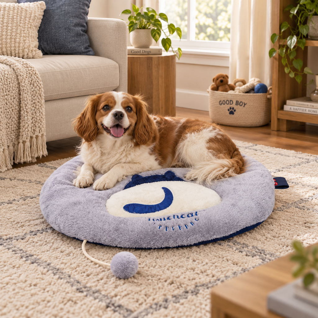 Plush Pet Bed with Raised Bolster & Attached Pom Toy, 23.62" x 19.68" x 4.1", Gray & Navy