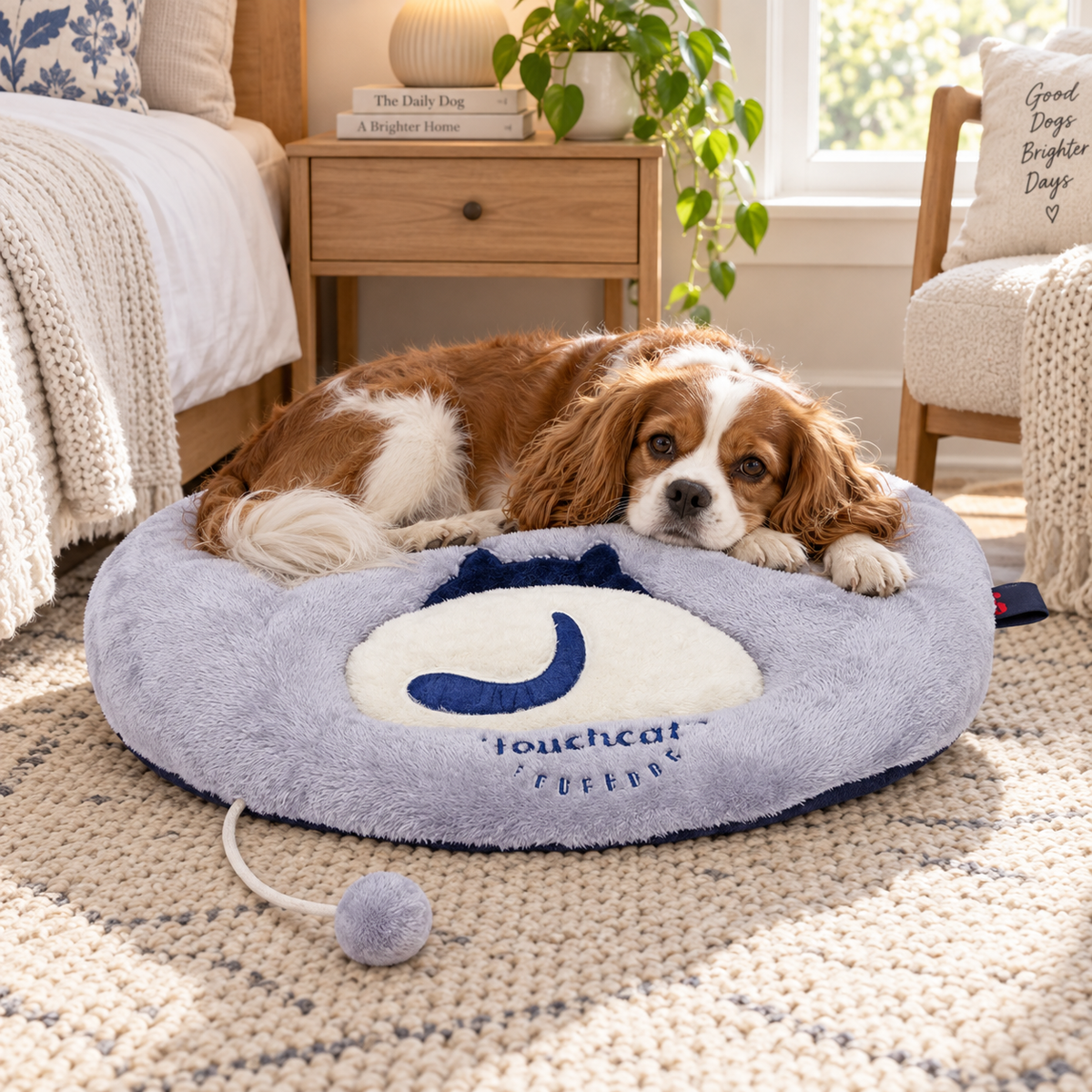 Plush Pet Bed with Raised Bolster & Attached Pom Toy, 23.62" x 19.68" x 4.1", Gray & Navy