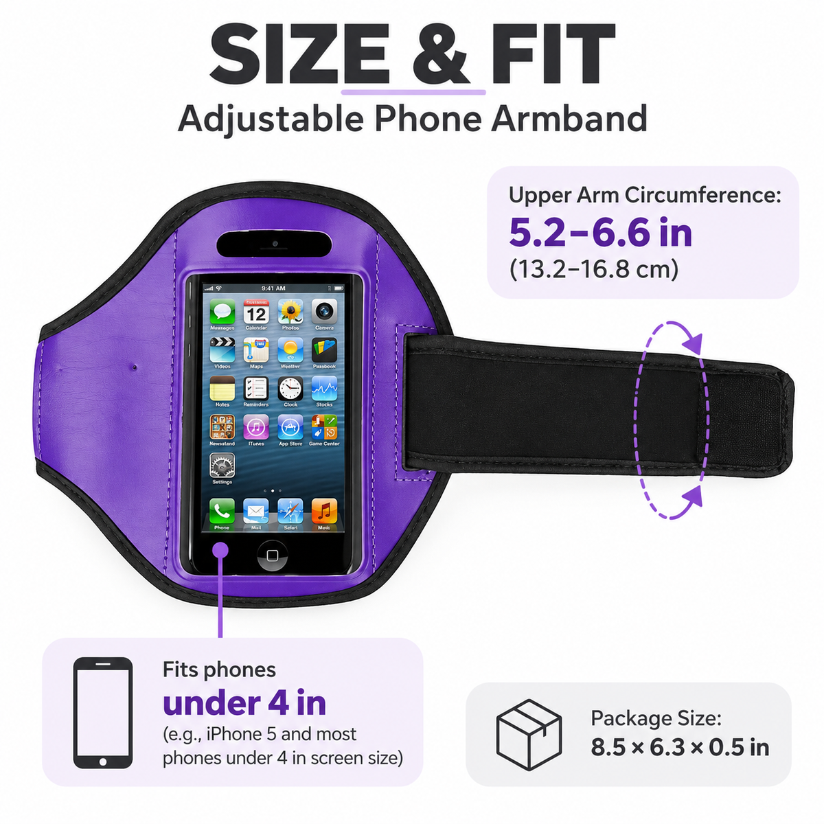 Adjustable Phone Armband for Running, Sports Cell Phone Holder for Phones Under 4", Purple