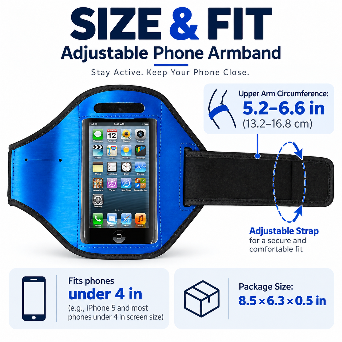 Adjustable Phone Armband for Running, Sports Phone Holder for Phones Under 4", Blue