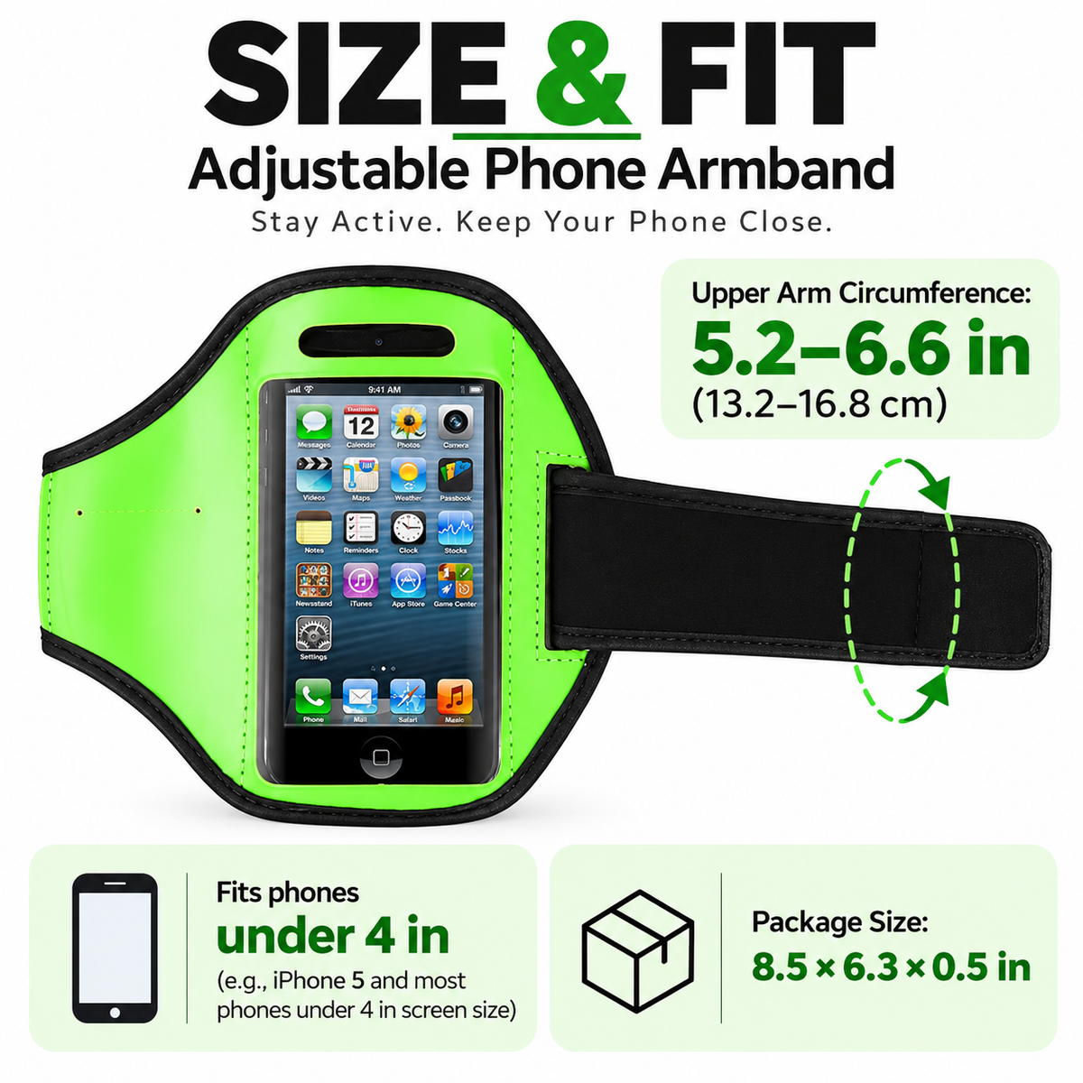 Adjustable Phone Armband for Running, Sports Phone Holder for Phones Under 4", Neon Green