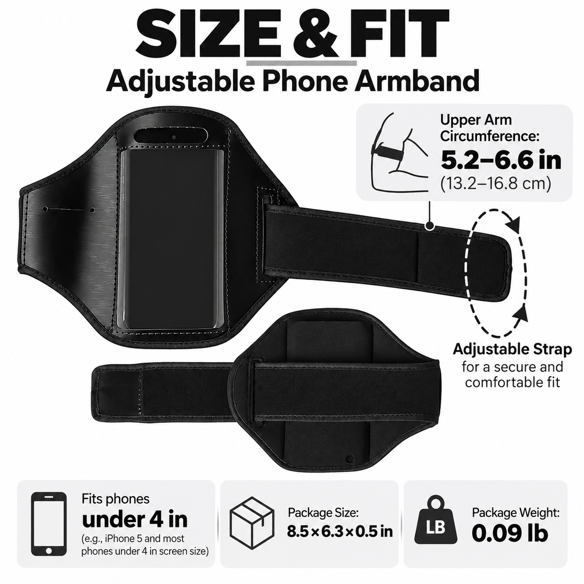 Adjustable Phone Armband for Running, Sweat-Resistant Sports Phone Holder for Phones Under 4", Black
