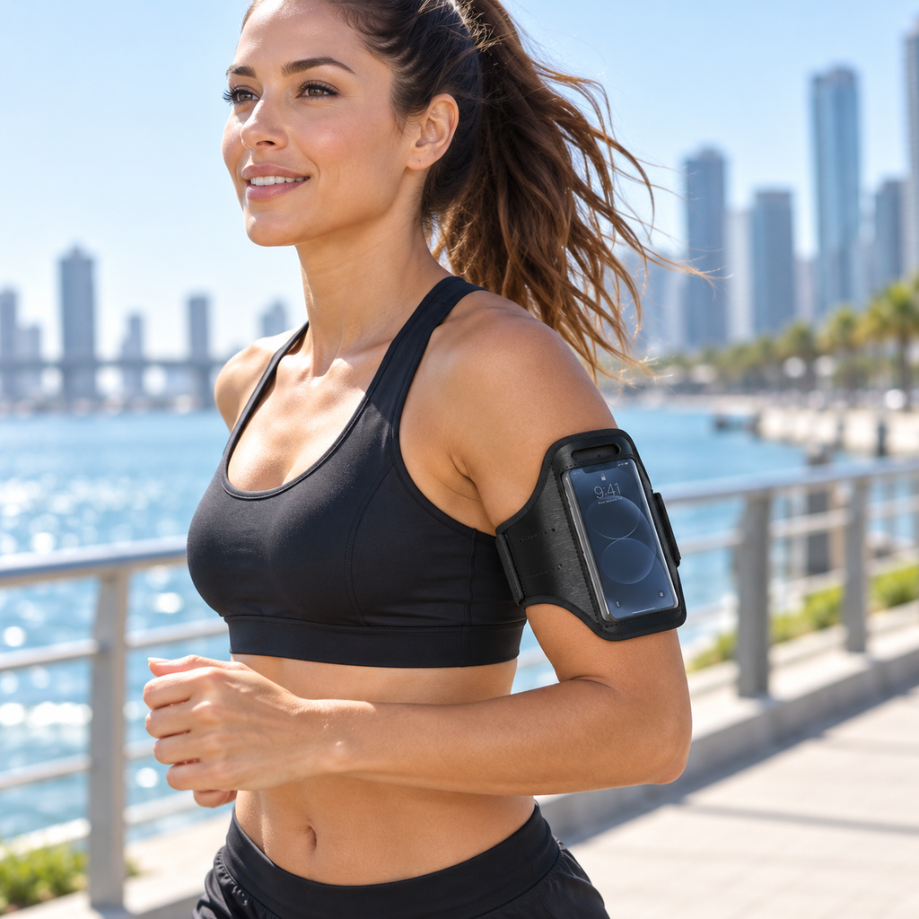 Adjustable Phone Armband for Running, Sweat-Resistant Sports Phone Holder for Phones Under 4", Black