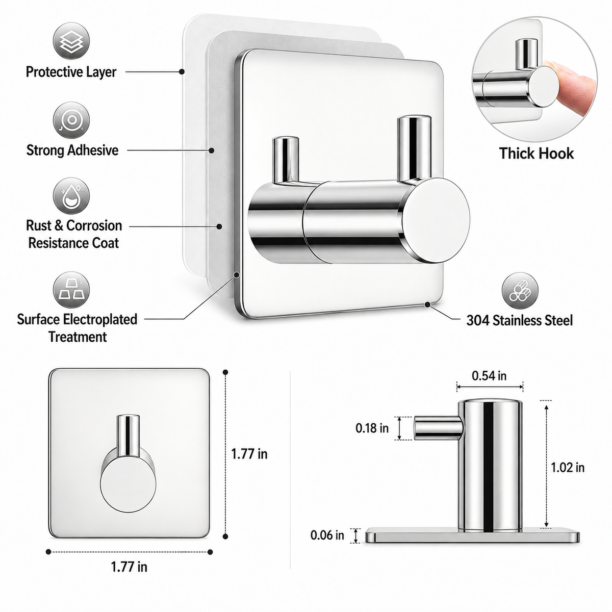 Self-Adhesive Stainless Steel Wall Hook, 1.77" Square Adhesive Towel Hook for Bathroom & Kitchen, Chrome