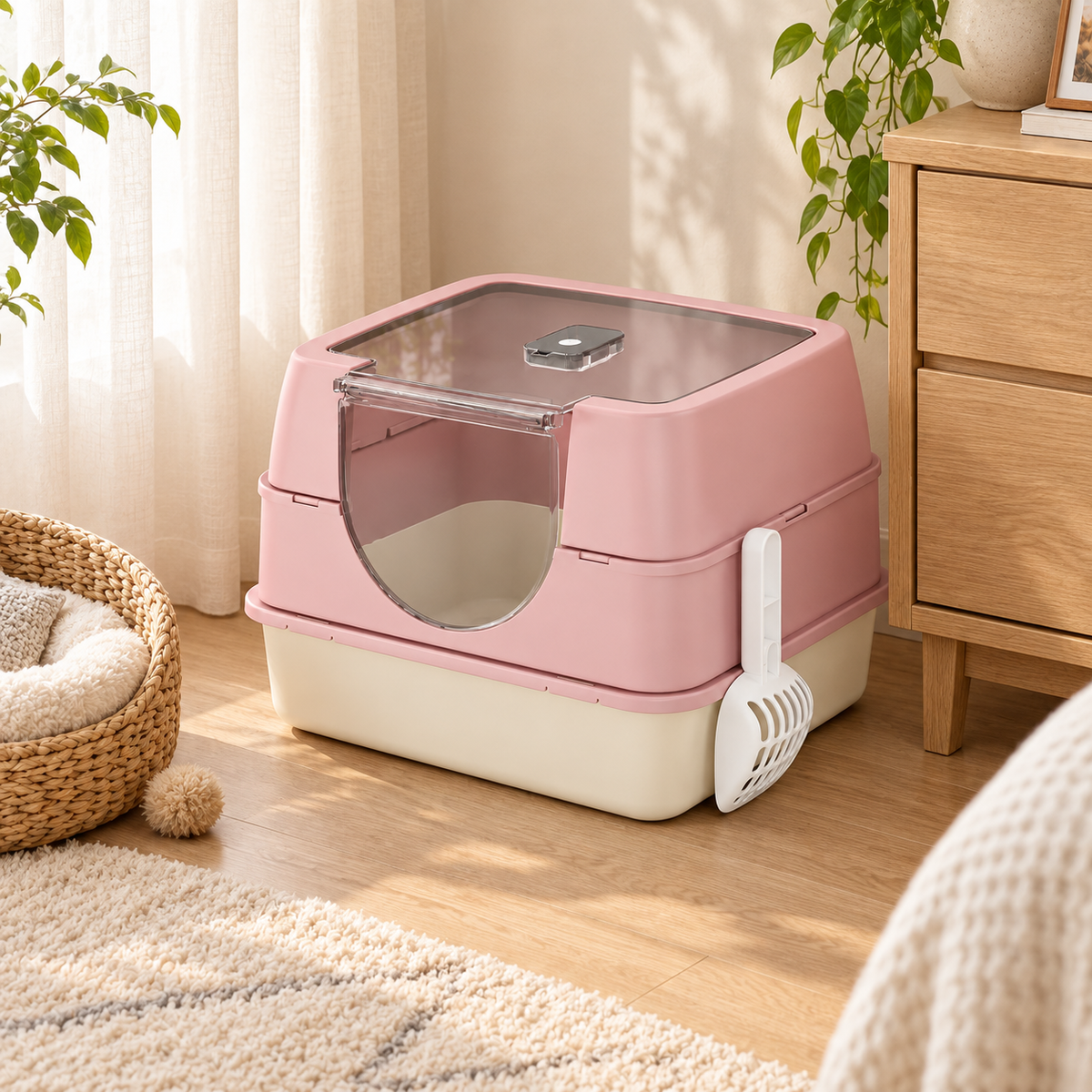 Fully Enclosed Hooded Cat Litter Box with Flip Top Lid, Odor Control Large Kitty Litter Pan with Scoop for Indoor Cats