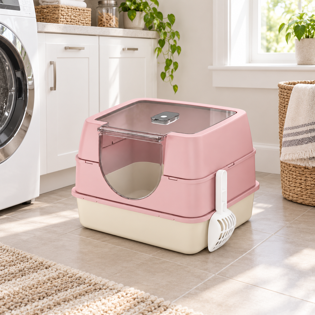 Fully Enclosed Hooded Cat Litter Box with Flip Top Lid, Odor Control Large Kitty Litter Pan with Scoop for Indoor Cats