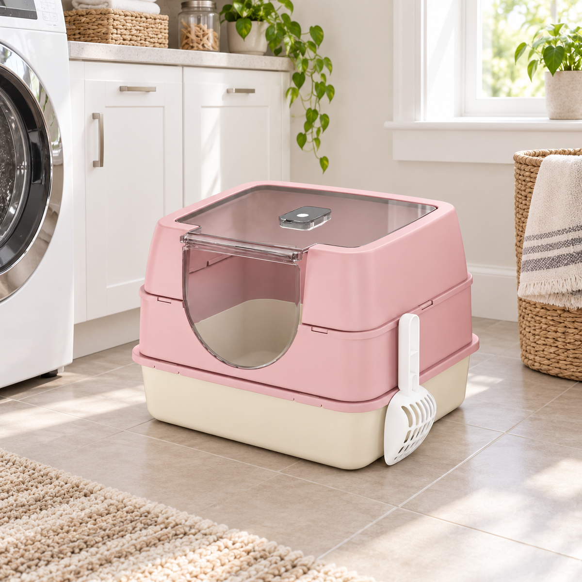 Fully Enclosed Hooded Cat Litter Box with Flip Top Lid, Odor Control Large Kitty Litter Pan with Scoop for Indoor Cats