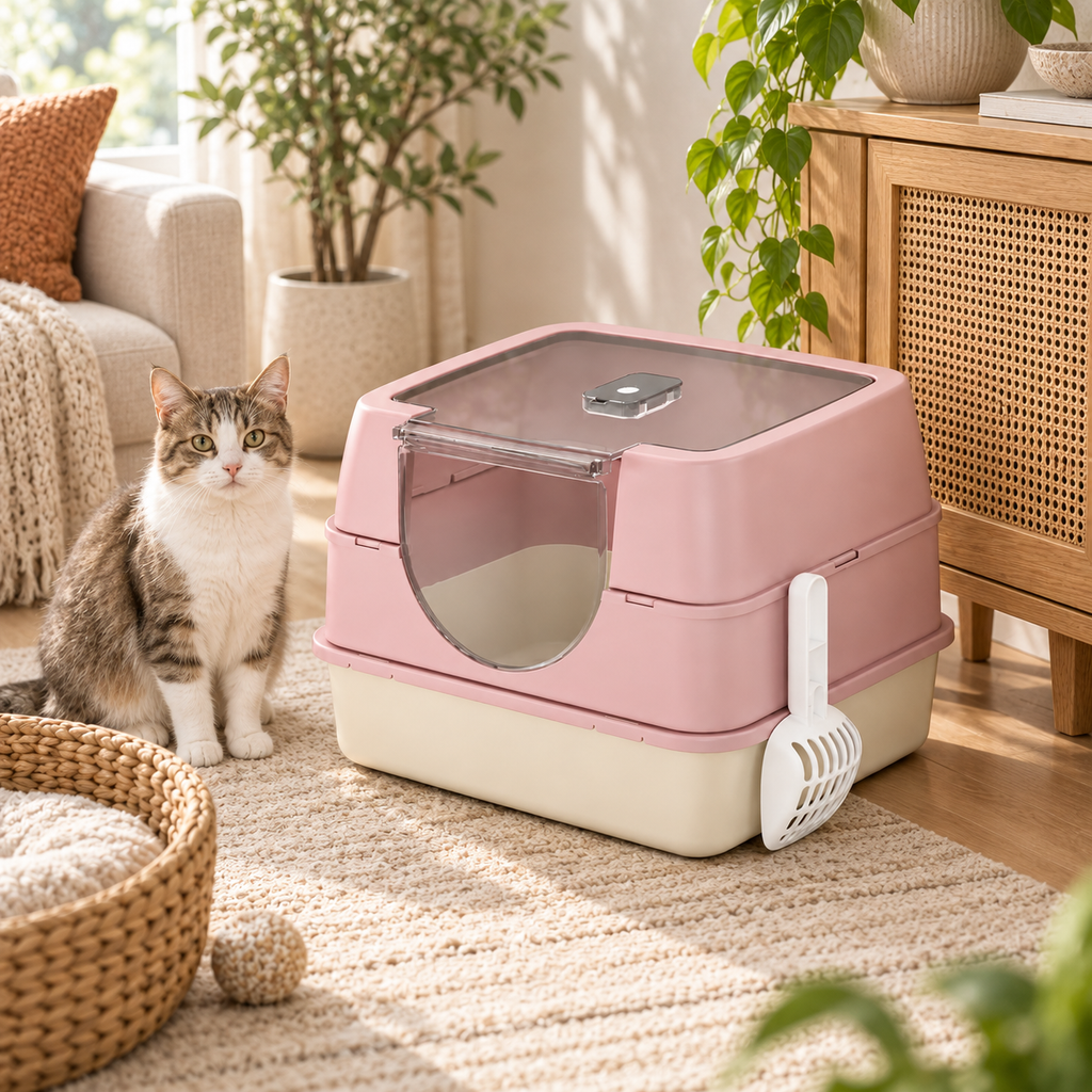 Fully Enclosed Hooded Cat Litter Box with Flip Top Lid, Odor Control Large Kitty Litter Pan with Scoop for Indoor Cats
