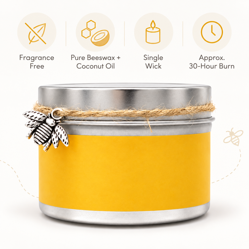 Natural Beeswax Candle with Coconut Oil, Handcrafted Single Wick Tin Candle, No Added Fragrance, Up to 30 Hour Burn Time