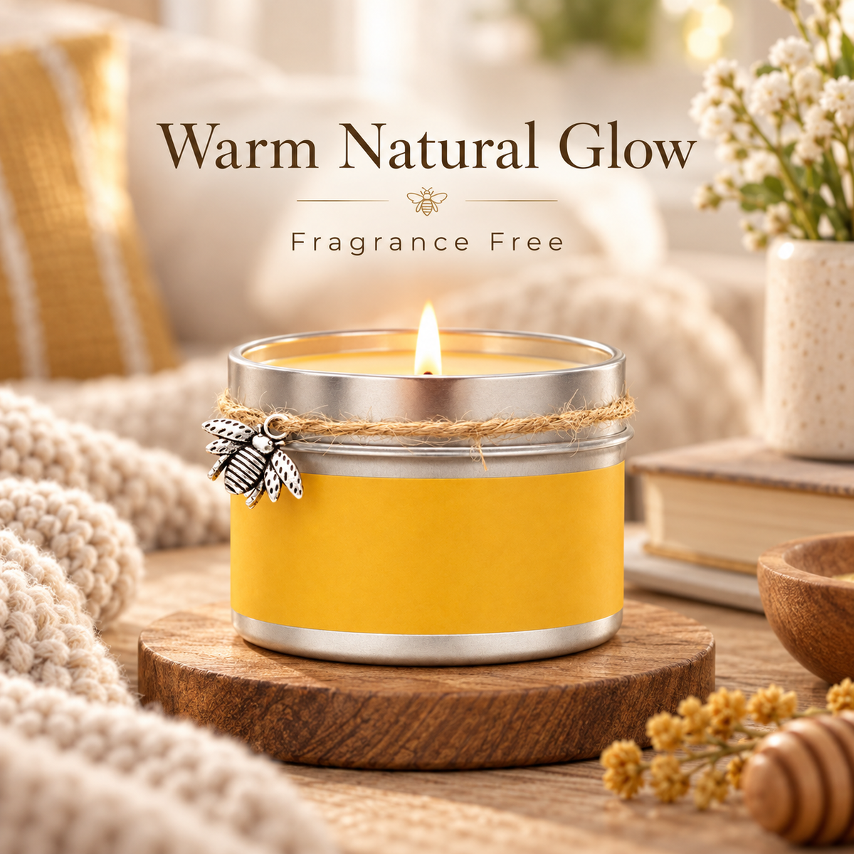 Natural Beeswax Candle with Coconut Oil, Handcrafted Single Wick Tin Candle, No Added Fragrance, Up to 30 Hour Burn Time