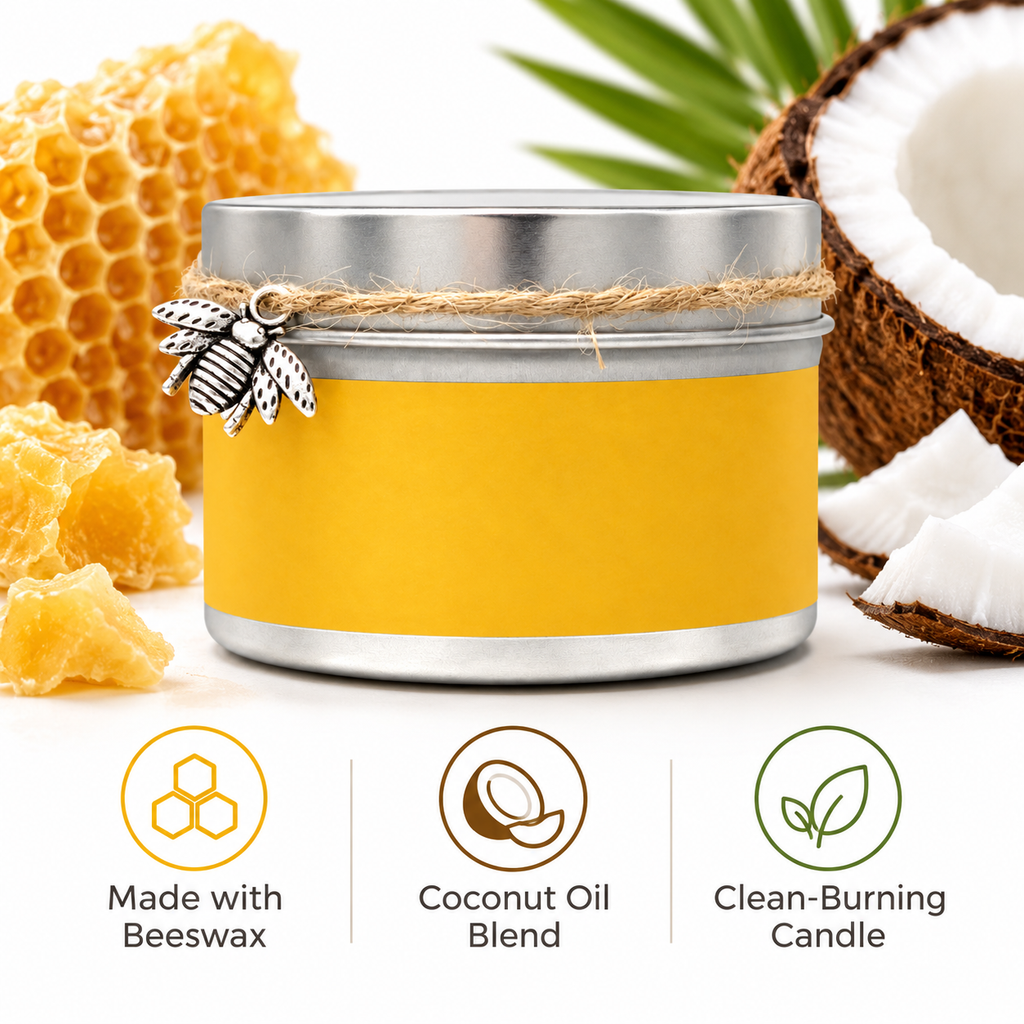 Natural Beeswax Candle with Coconut Oil, Handcrafted Single Wick Tin Candle, No Added Fragrance, Up to 30 Hour Burn Time