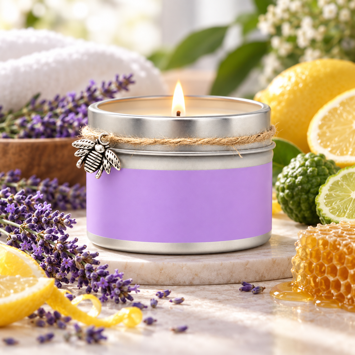 6 oz Beeswax Candle with Lavender, Bergamot & Lemon Essential Oils, Handcrafted Coconut Oil Blend, Single Wick Tin, 30-Hour Burn