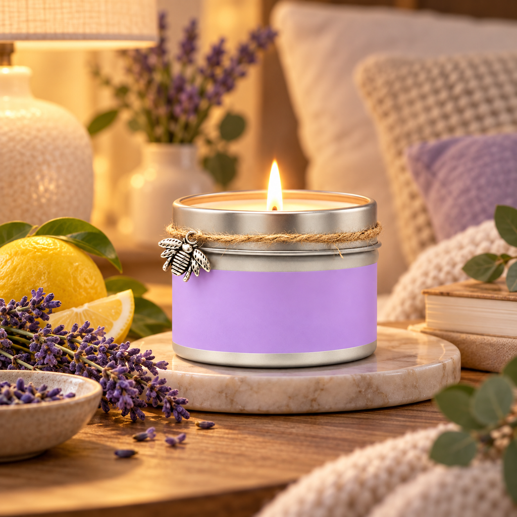 6 oz Beeswax Candle with Lavender, Bergamot & Lemon Essential Oils, Handcrafted Coconut Oil Blend, Single Wick Tin, 30-Hour Burn