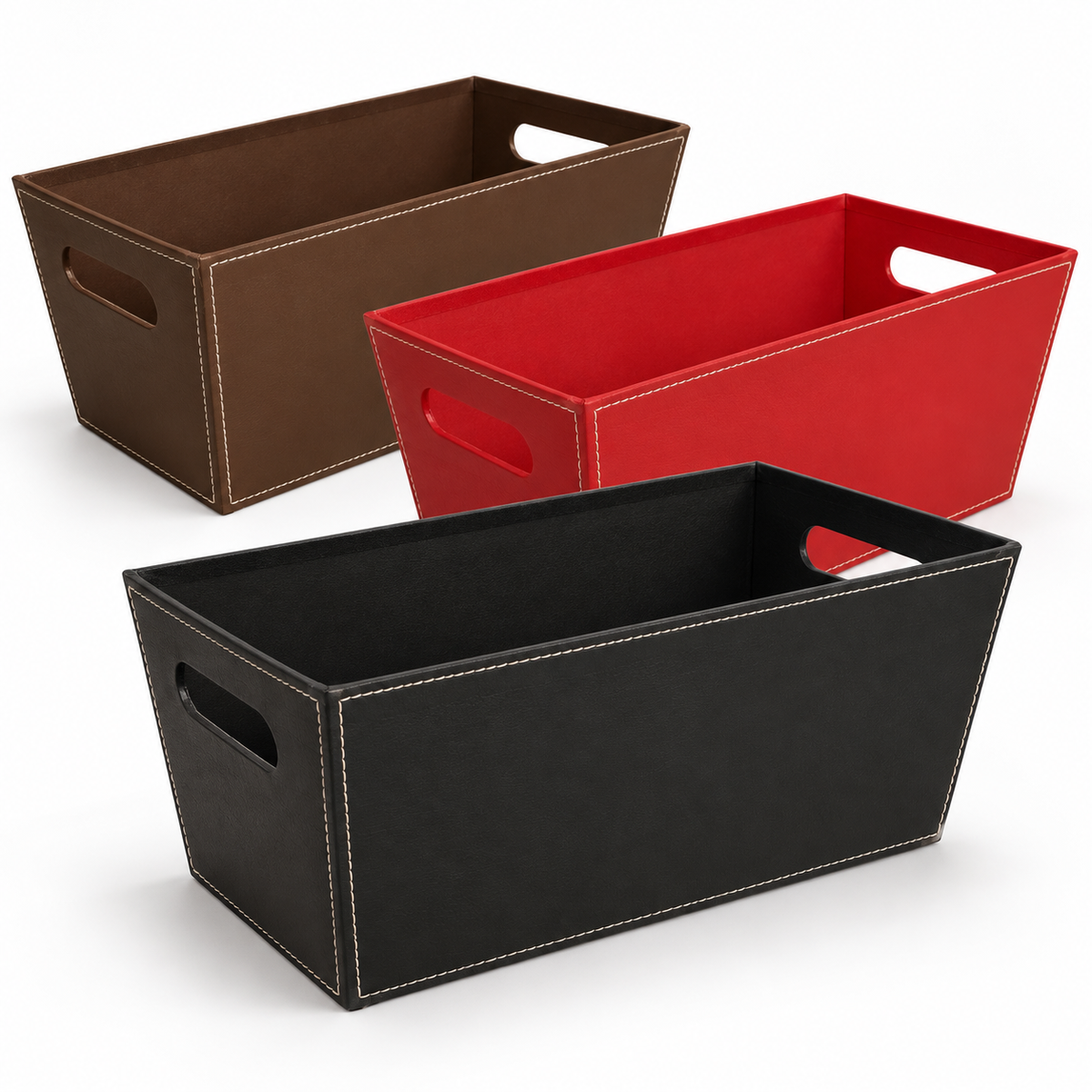 13 in Embossed Paperboard Storage Tote with Cutout Handles, Faux Leather Look Magazine Organizer Bin for Home Office, Black