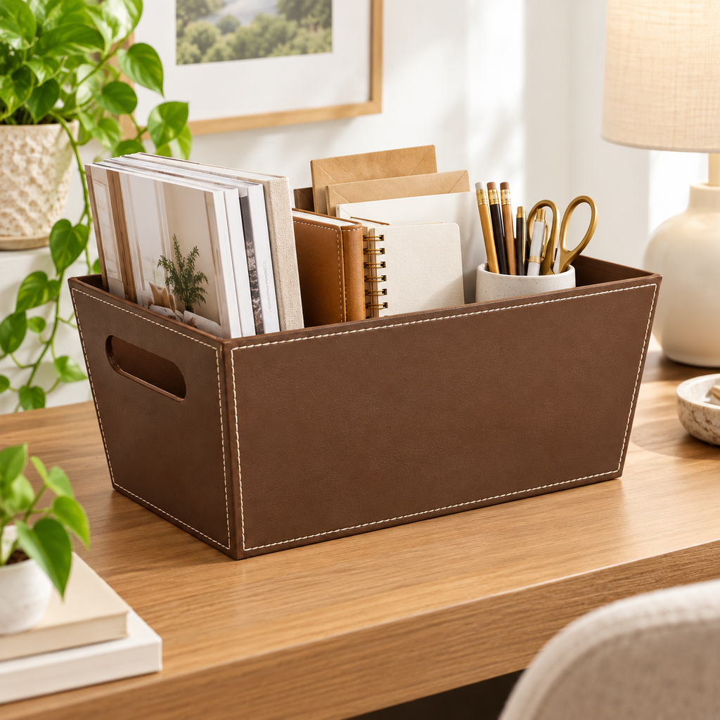 13 in Embossed Paperboard Storage Tote with Cutout Handles, Faux Leather Look Magazine Organizer Bin for Home Office, Black