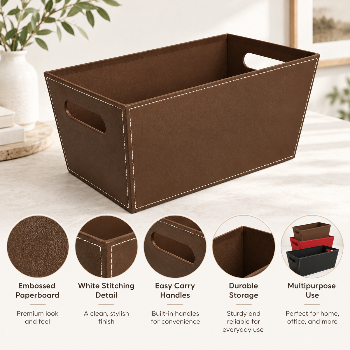 13 in Embossed Paperboard Storage Tote with Cutout Handles, Faux Leather Look Magazine Organizer Bin for Home Office, Black