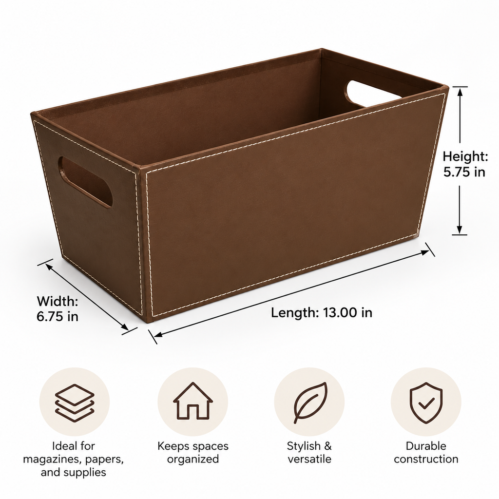 13 in Embossed Paperboard Storage Tote with Cutout Handles, Faux Leather Look Magazine Organizer Bin for Home Office, Black