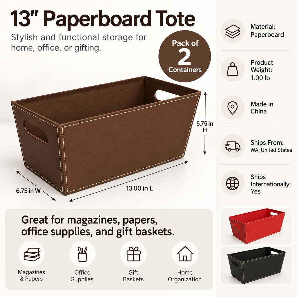 13 in Embossed Paperboard Storage Tote with Cutout Handles, Faux Leather Look Magazine Organizer Bin for Home Office, Black