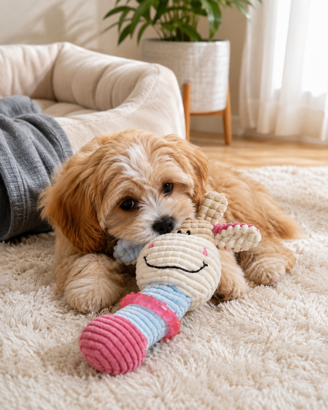 Plush Squeaky Dog Toy for Puppies Small Dogs, Cute Cow Corduroy Chew Toy with TPR Teething Ring, Interactive Pet Toy for Teething & Boredom Relief