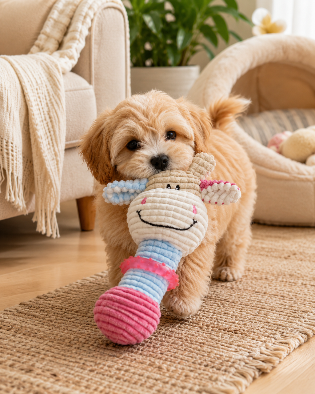 Plush Squeaky Dog Toy for Puppies Small Dogs, Cute Cow Corduroy Chew Toy with TPR Teething Ring, Interactive Pet Toy for Teething & Boredom Relief