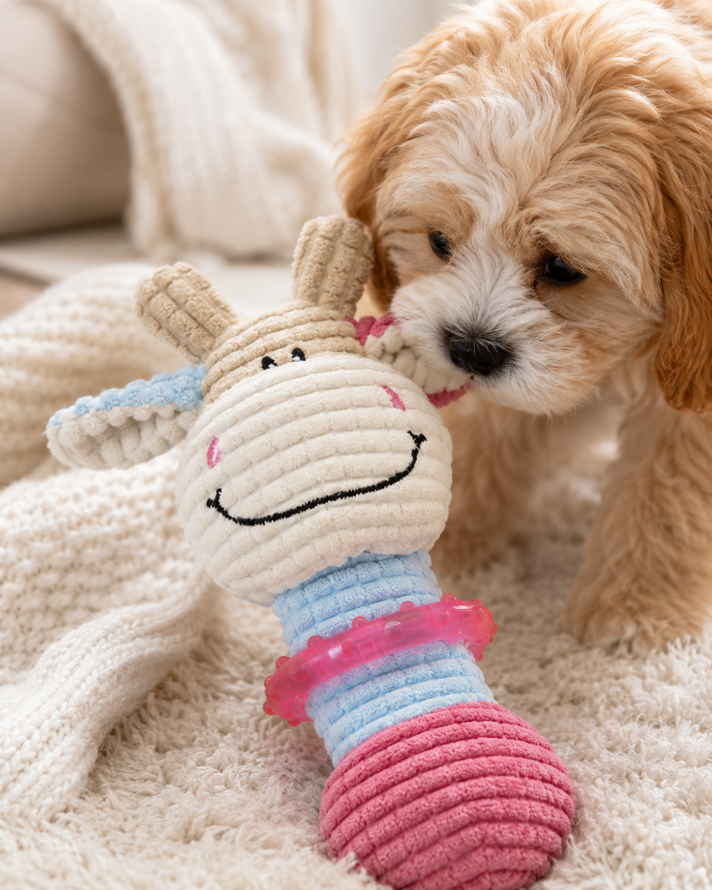 Plush Squeaky Dog Toy for Puppies Small Dogs, Cute Cow Corduroy Chew Toy with TPR Teething Ring, Interactive Pet Toy for Teething & Boredom Relief