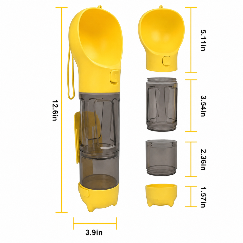 Portable 4-in-1 Dog Water Bottle with Food Storage, Poop Bag Dispenser & Scoop, 10 oz Travel Feeder for Walking, Hiking and Outdoor Trips