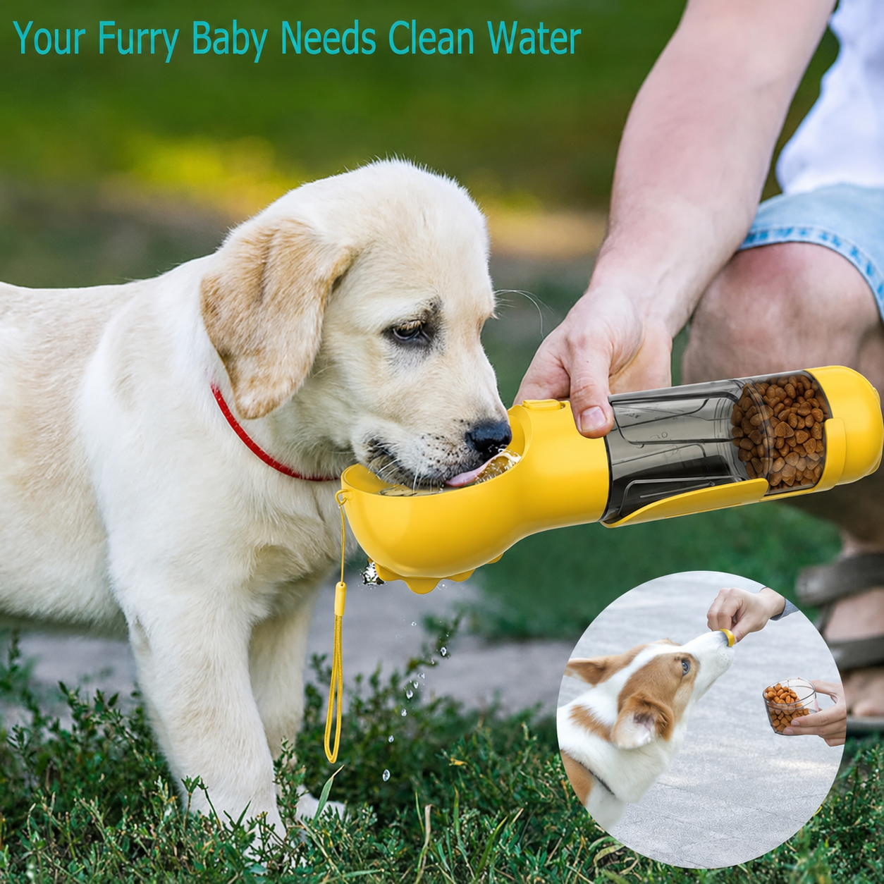 Portable 4-in-1 Dog Water Bottle with Food Storage, Poop Bag Dispenser & Scoop, 10 oz Travel Feeder for Walking, Hiking and Outdoor Trips