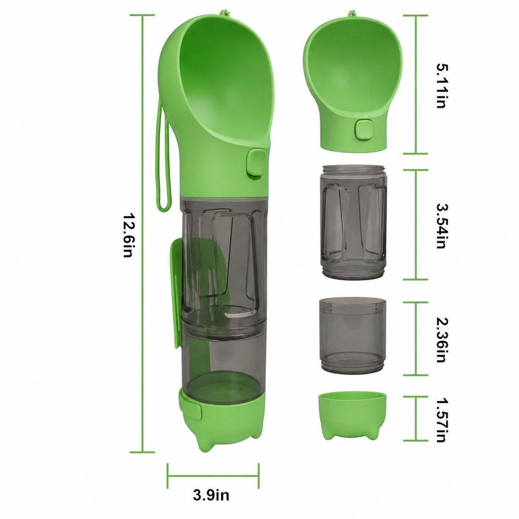 Portable 4-in-1 Dog Water Bottle with Food Storage, Poop Bag Dispenser & Scoop, 10 oz Travel Feeder for Walking, Hiking and Outdoor Trips