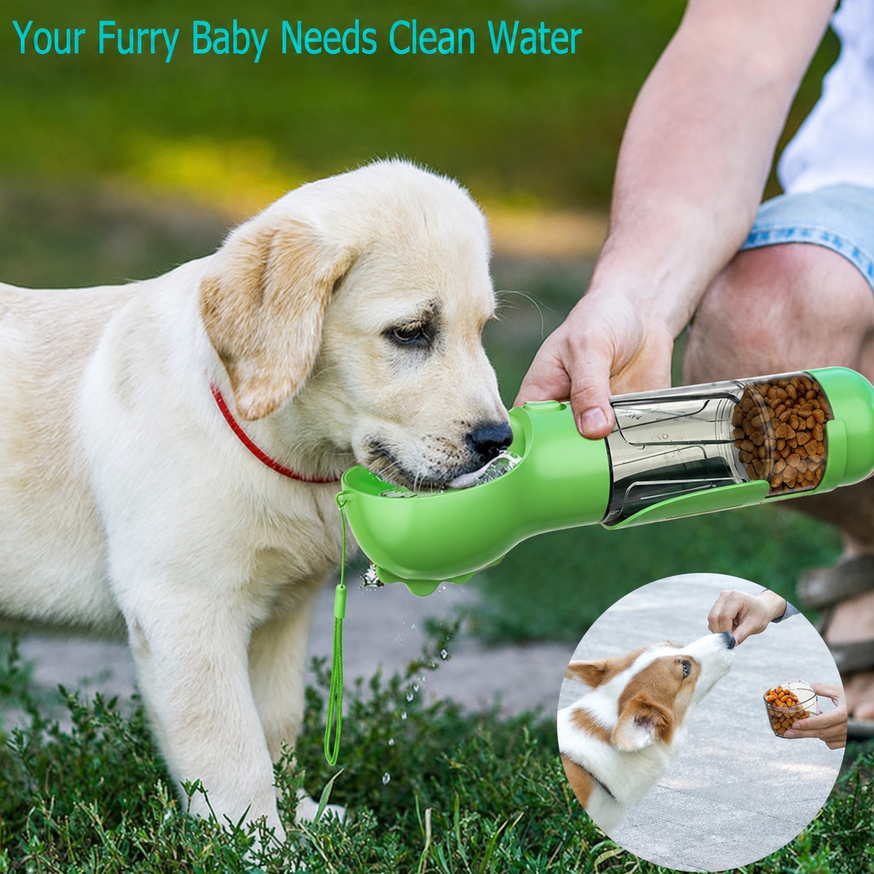 Portable 4-in-1 Dog Water Bottle with Food Storage, Poop Bag Dispenser & Scoop, 10 oz Travel Feeder for Walking, Hiking and Outdoor Trips