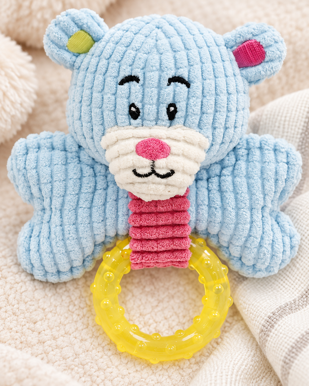 Puppy Teething Chew Toy, Soft Corduroy Bear Plush Dog Toy with Textured TPR Ring, Gum Massage Soothing Toy for Small Dogs & Puppies