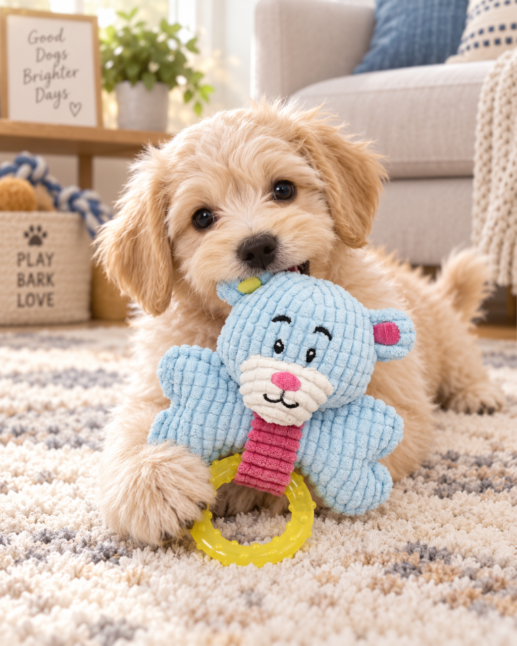 Puppy Teething Chew Toy, Soft Corduroy Bear Plush Dog Toy with Textured TPR Ring, Gum Massage Soothing Toy for Small Dogs & Puppies