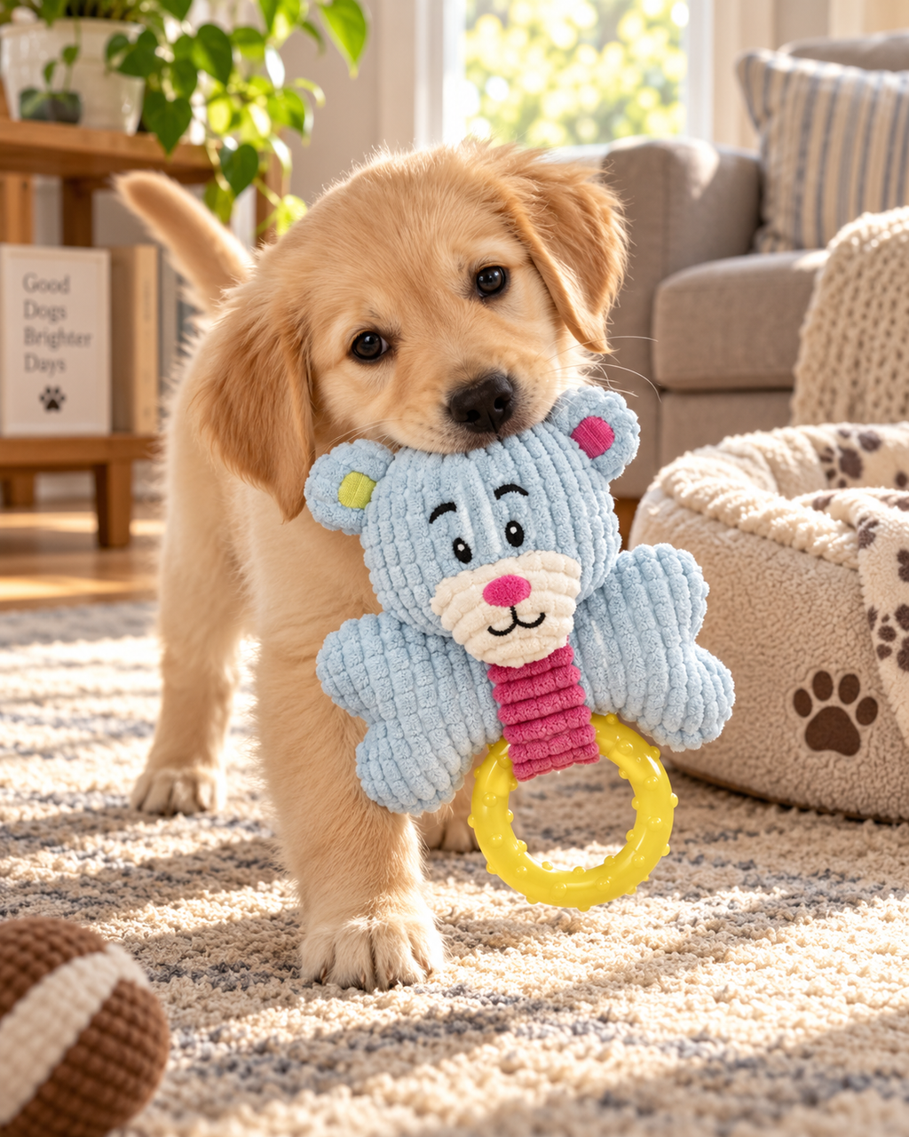 Puppy Teething Chew Toy, Soft Corduroy Bear Plush Dog Toy with Textured TPR Ring, Gum Massage Soothing Toy for Small Dogs & Puppies