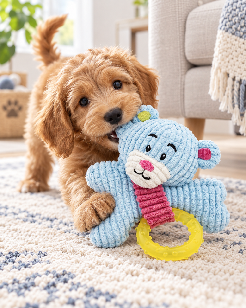 Puppy Teething Chew Toy, Soft Corduroy Bear Plush Dog Toy with Textured TPR Ring, Gum Massage Soothing Toy for Small Dogs & Puppies