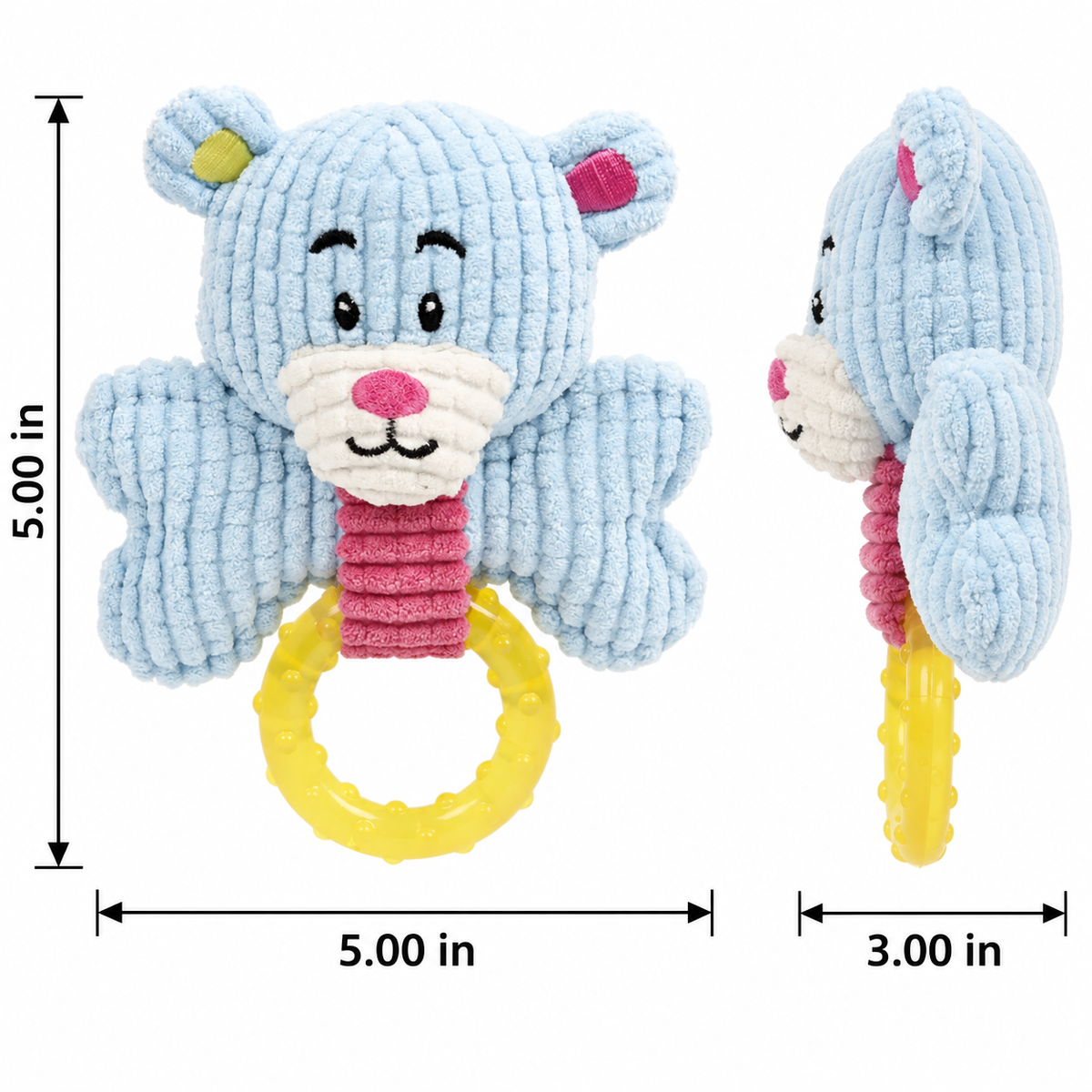 Puppy Teething Chew Toy, Soft Corduroy Bear Plush Dog Toy with Textured TPR Ring, Gum Massage Soothing Toy for Small Dogs & Puppies