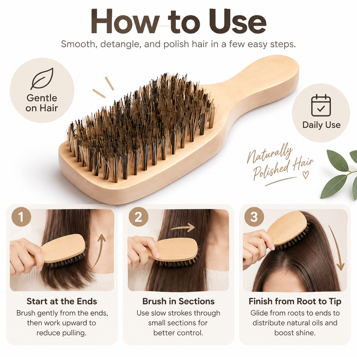 Natural Boar Bristle Hair Brush with Wooden Handle, Smoothing Grooming Brush for Men & Women, Daily Hair Care