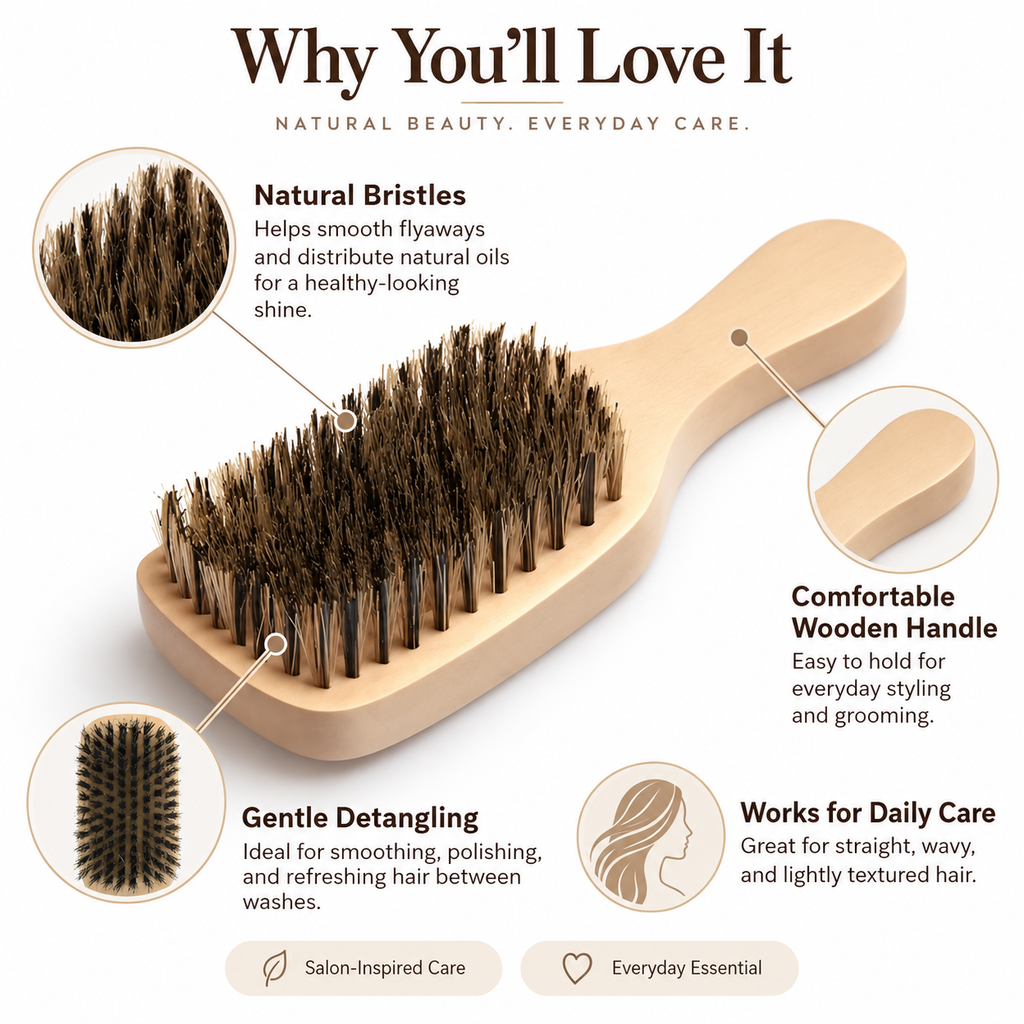 Natural Boar Bristle Hair Brush with Wooden Handle, Smoothing Grooming Brush for Men & Women, Daily Hair Care