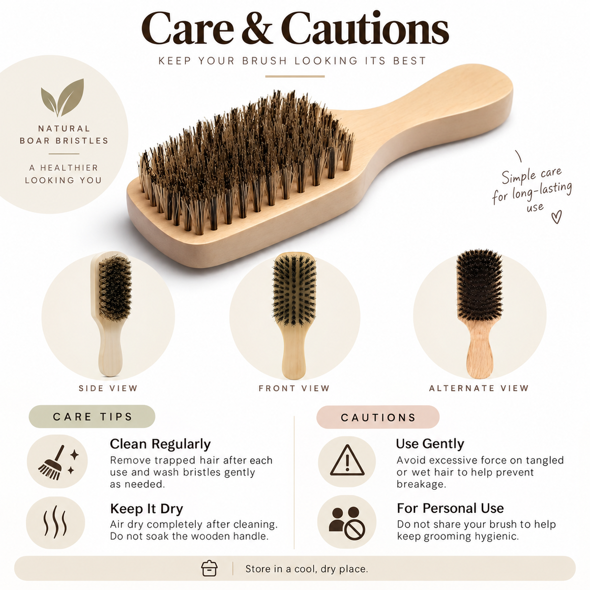 Natural Boar Bristle Hair Brush with Wooden Handle, Smoothing Grooming Brush for Men & Women, Daily Hair Care