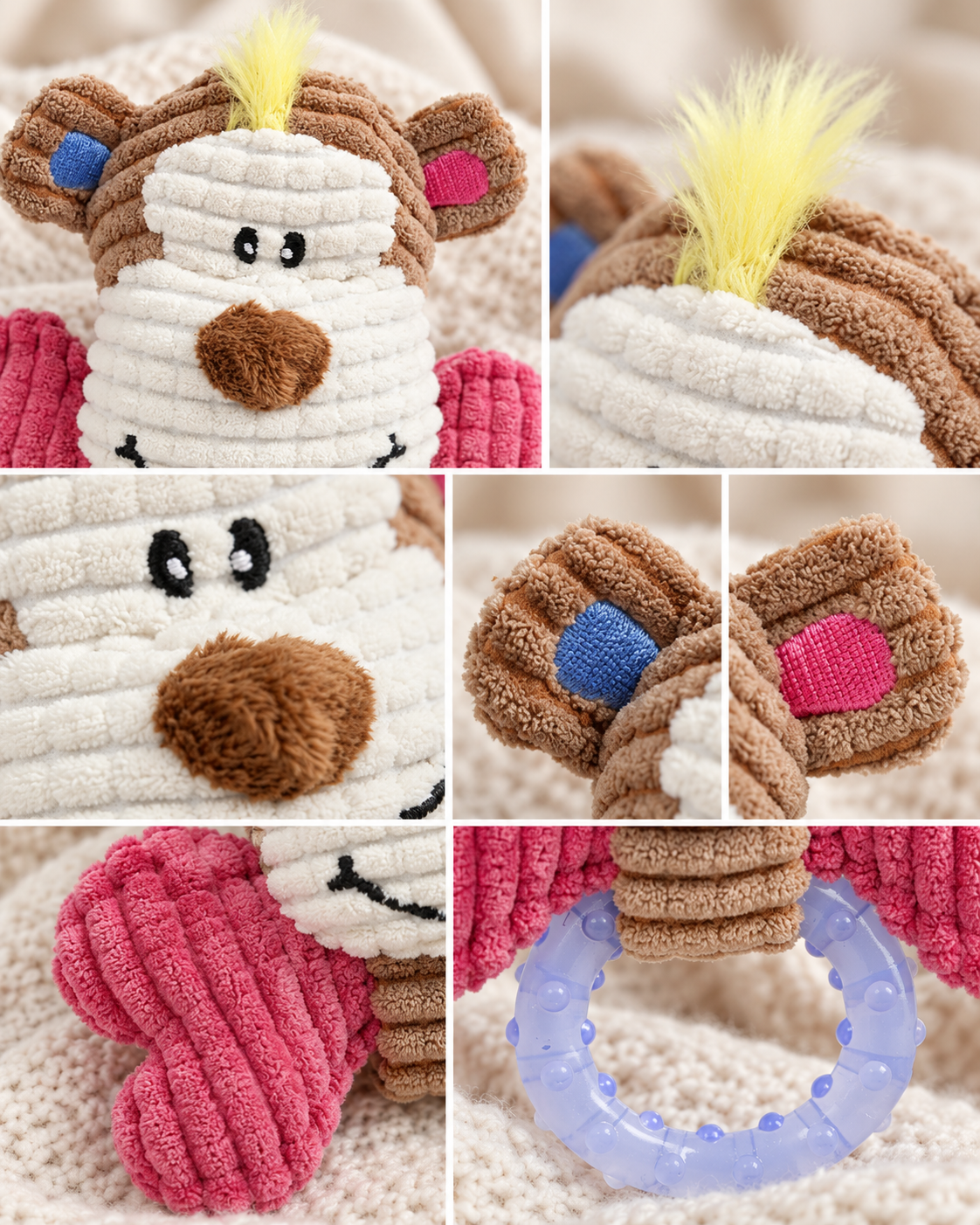 Puppy Teething Chew Toy, Soft Corduroy Monkey Plush Dog Toy with Textured TPR Ring, Gum Soothing Toy for Small Dogs & Teething Puppies