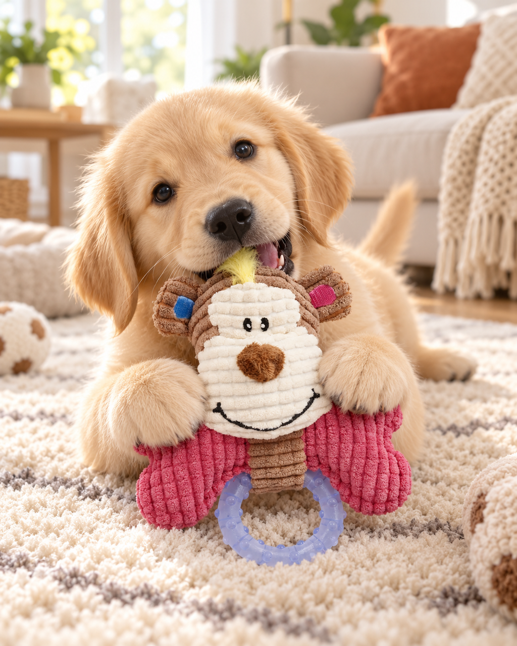 Puppy Teething Chew Toy, Soft Corduroy Monkey Plush Dog Toy with Textured TPR Ring, Gum Soothing Toy for Small Dogs & Teething Puppies