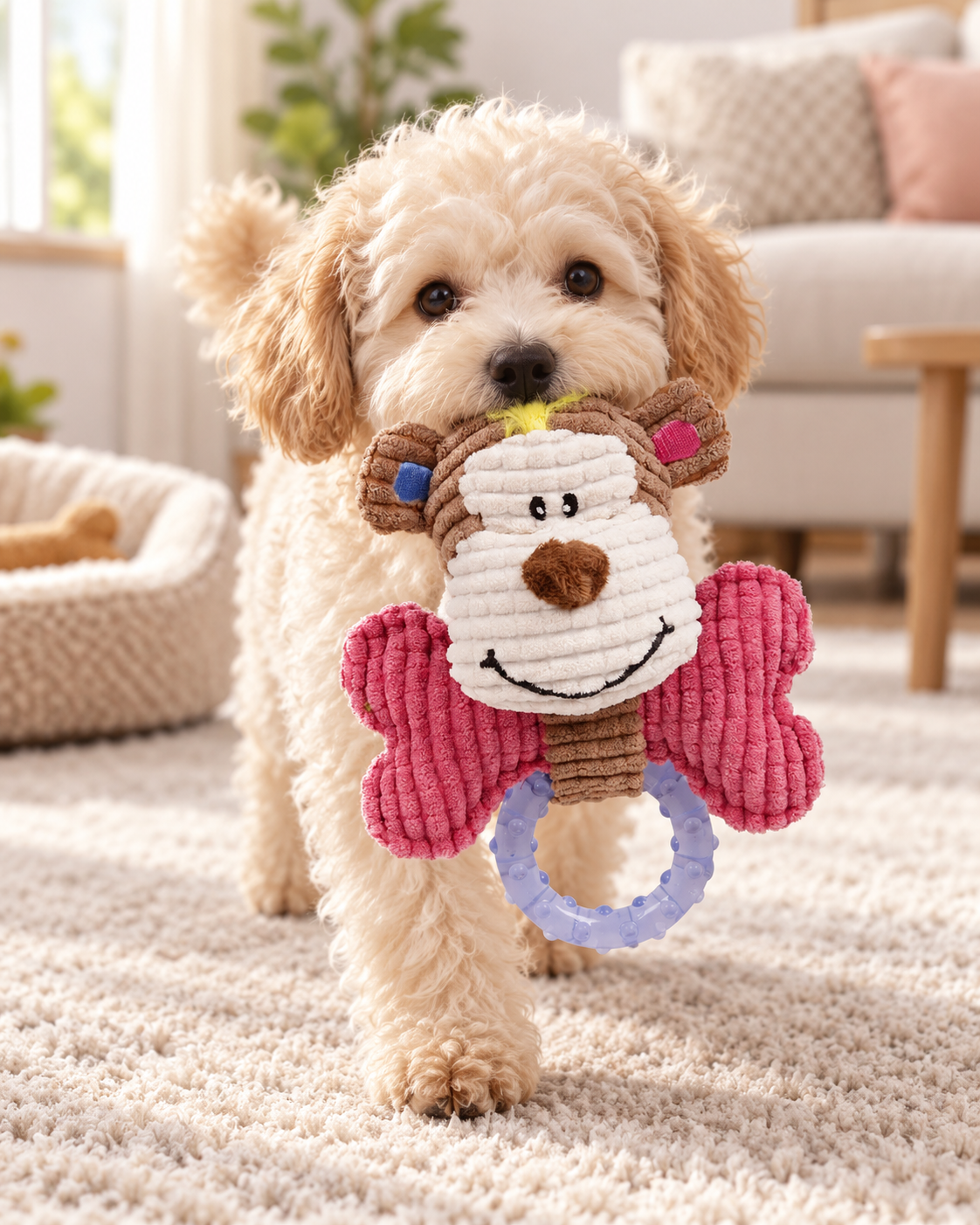 Puppy Teething Chew Toy, Soft Corduroy Monkey Plush Dog Toy with Textured TPR Ring, Gum Soothing Toy for Small Dogs & Teething Puppies