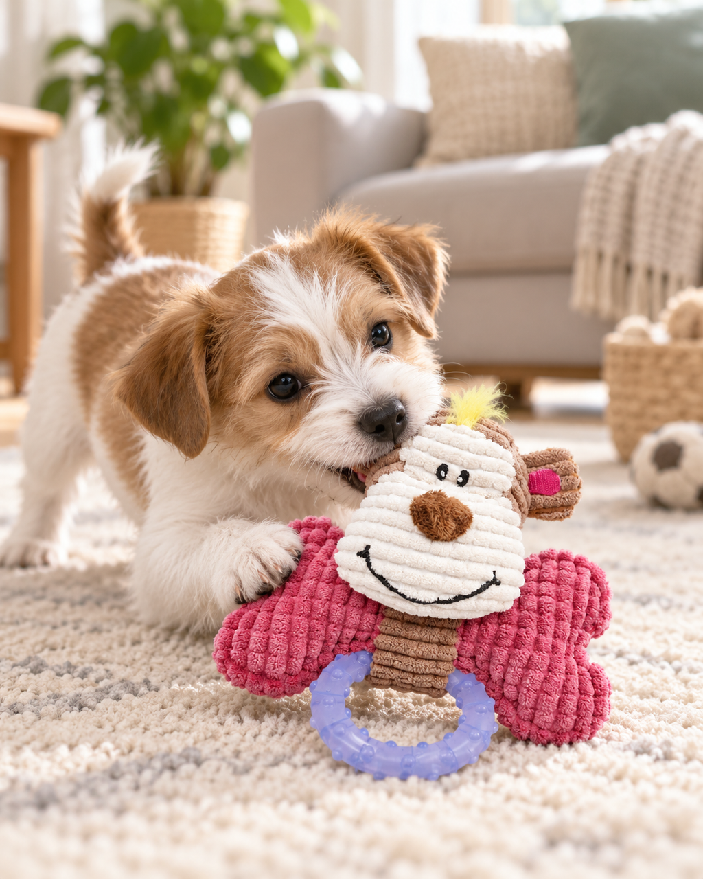 Puppy Teething Chew Toy, Soft Corduroy Monkey Plush Dog Toy with Textured TPR Ring, Gum Soothing Toy for Small Dogs & Teething Puppies