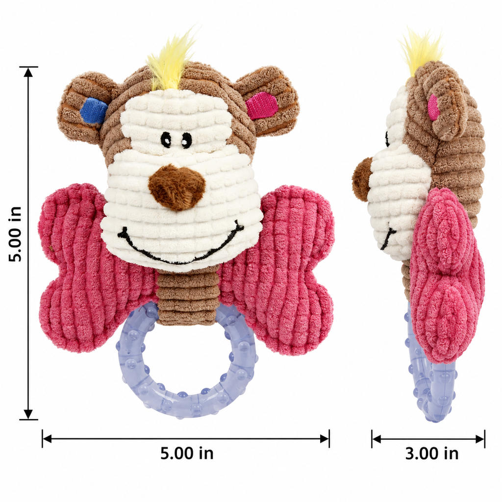 Puppy Teething Chew Toy, Soft Corduroy Monkey Plush Dog Toy with Textured TPR Ring, Gum Soothing Toy for Small Dogs & Teething Puppies