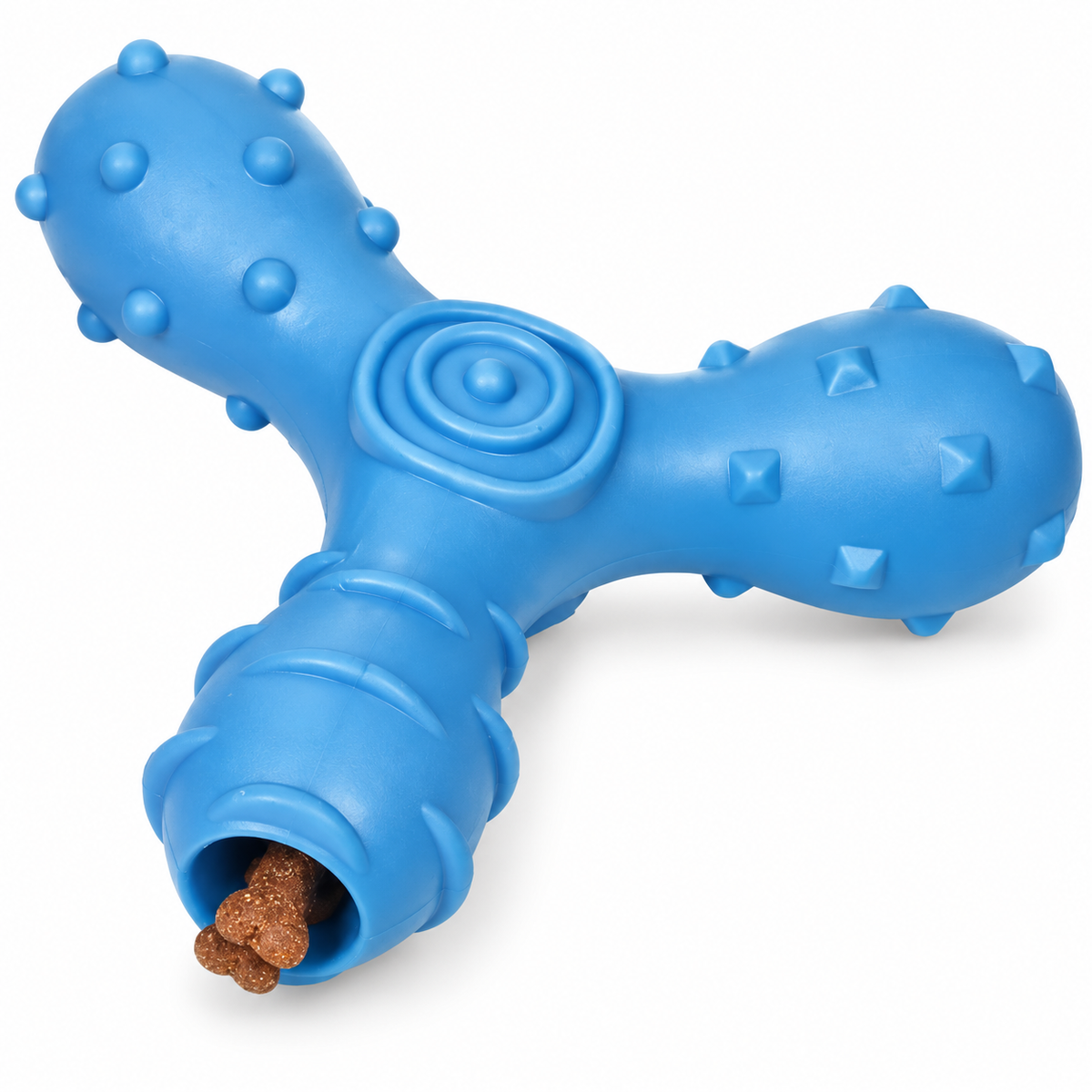 Pet Life Tri-Chew Treat Dispensing Dog Toy, Interactive TPR Chew Toy with 3 Treat Tunnels & Dental Texture, Blue