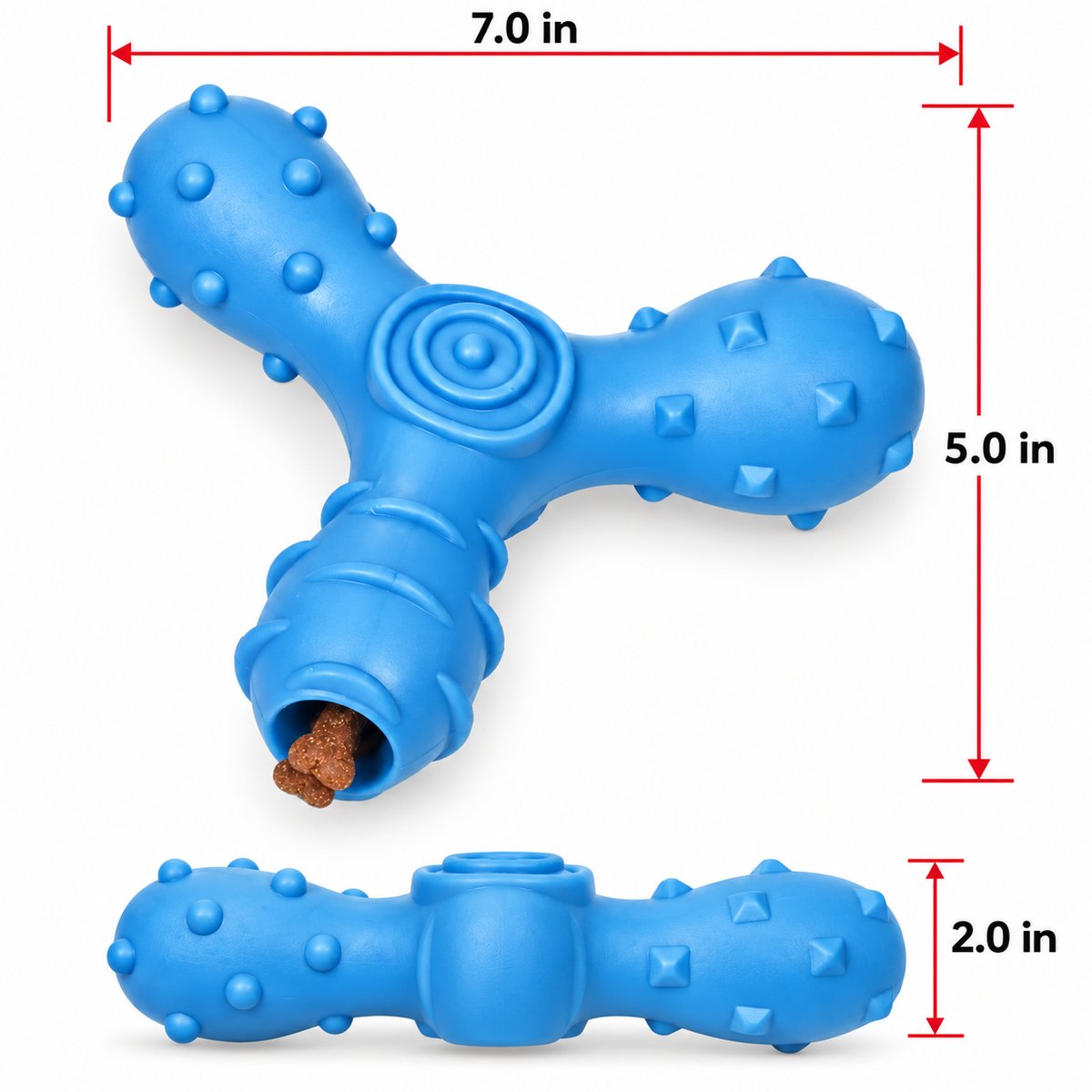 Pet Life Tri-Chew Treat Dispensing Dog Toy, Interactive TPR Chew Toy with 3 Treat Tunnels & Dental Texture, Blue