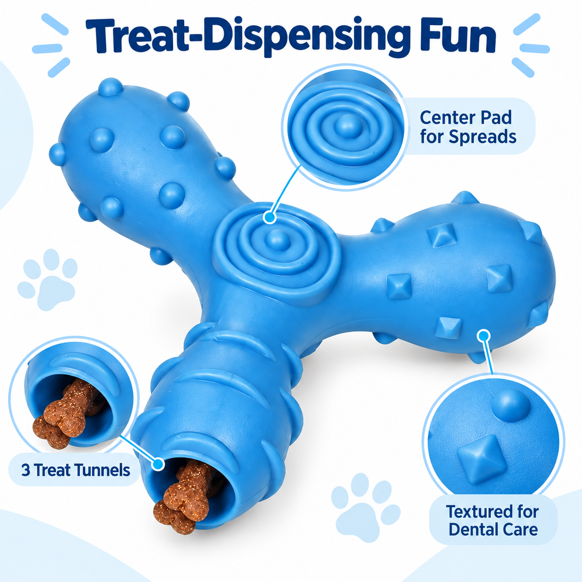 Pet Life Tri-Chew Treat Dispensing Dog Toy, Interactive TPR Chew Toy with 3 Treat Tunnels & Dental Texture, Blue