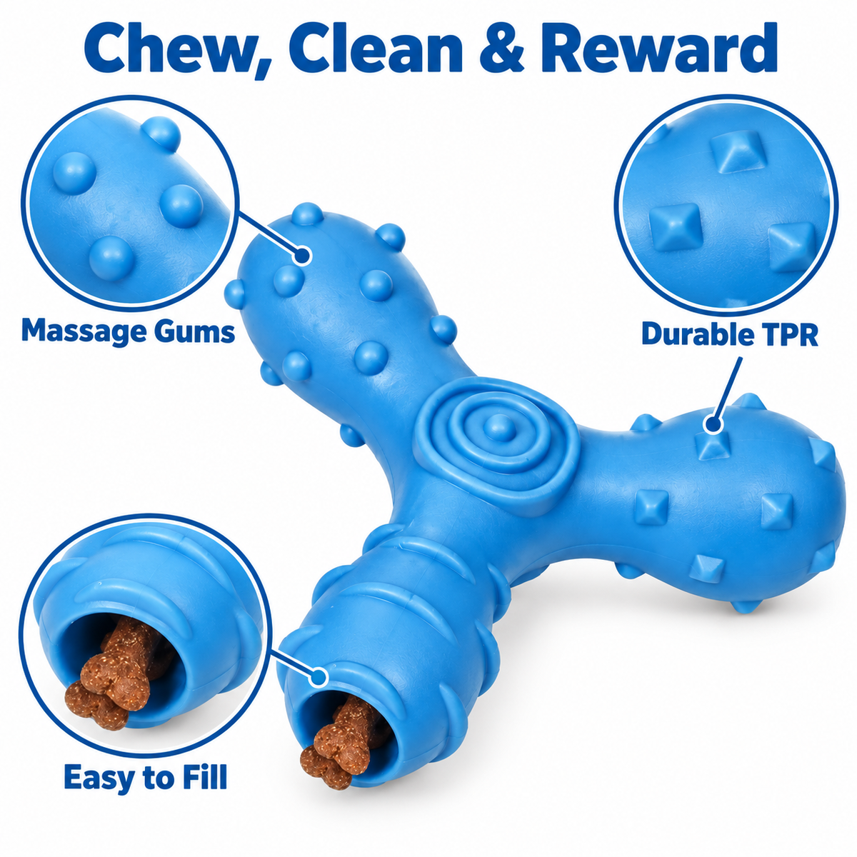 Pet Life Tri-Chew Treat Dispensing Dog Toy, Interactive TPR Chew Toy with 3 Treat Tunnels & Dental Texture, Blue