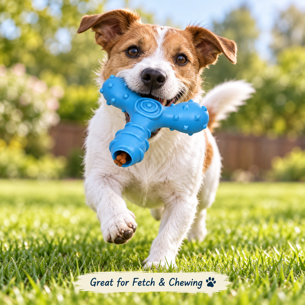 Pet Life Tri-Chew Treat Dispensing Dog Toy, Interactive TPR Chew Toy with 3 Treat Tunnels & Dental Texture, Blue