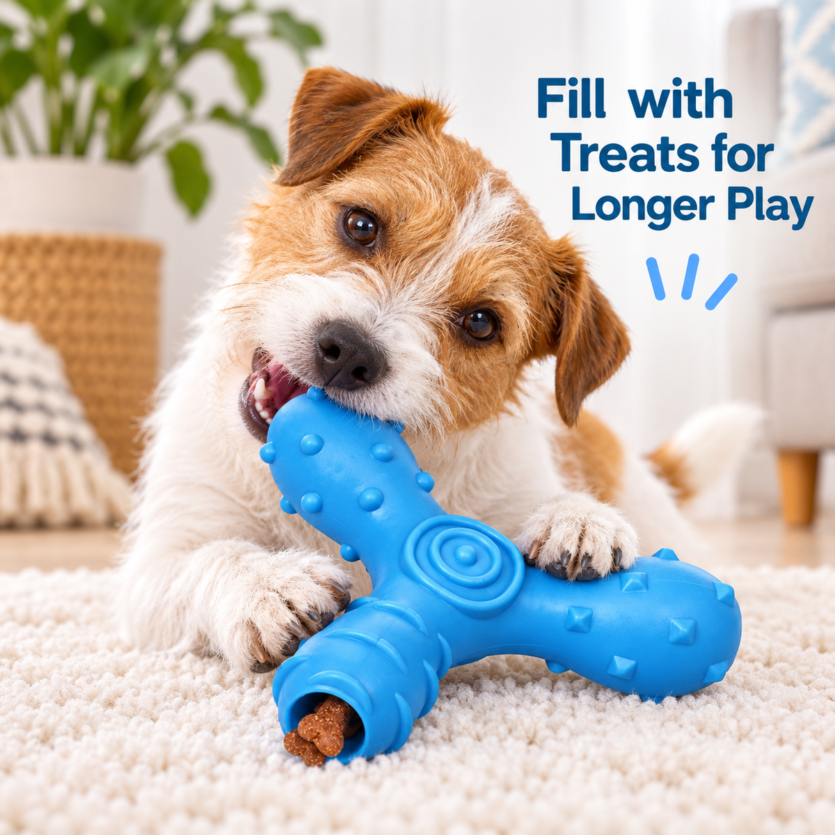 Pet Life Tri-Chew Treat Dispensing Dog Toy, Interactive TPR Chew Toy with 3 Treat Tunnels & Dental Texture, Blue